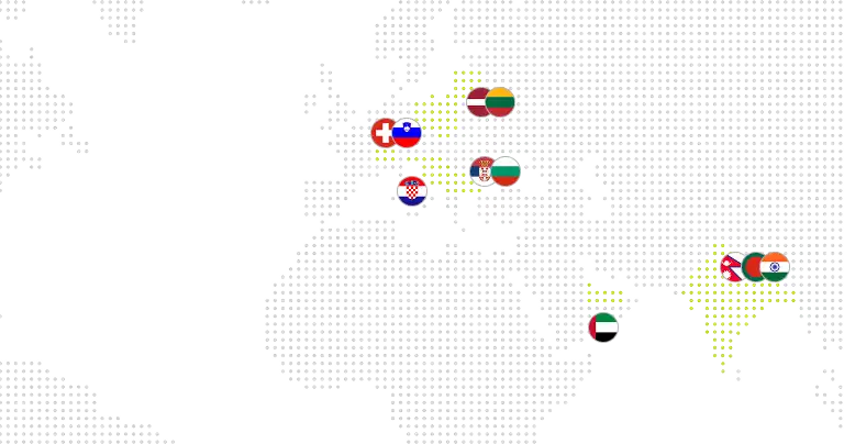 Global workforce network map showing partner locations across Europe, Middle East, and South Asia