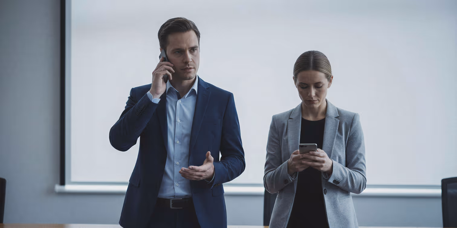 Two business professionals in suits using smartphones, a man speaking on phone and a woman texting.