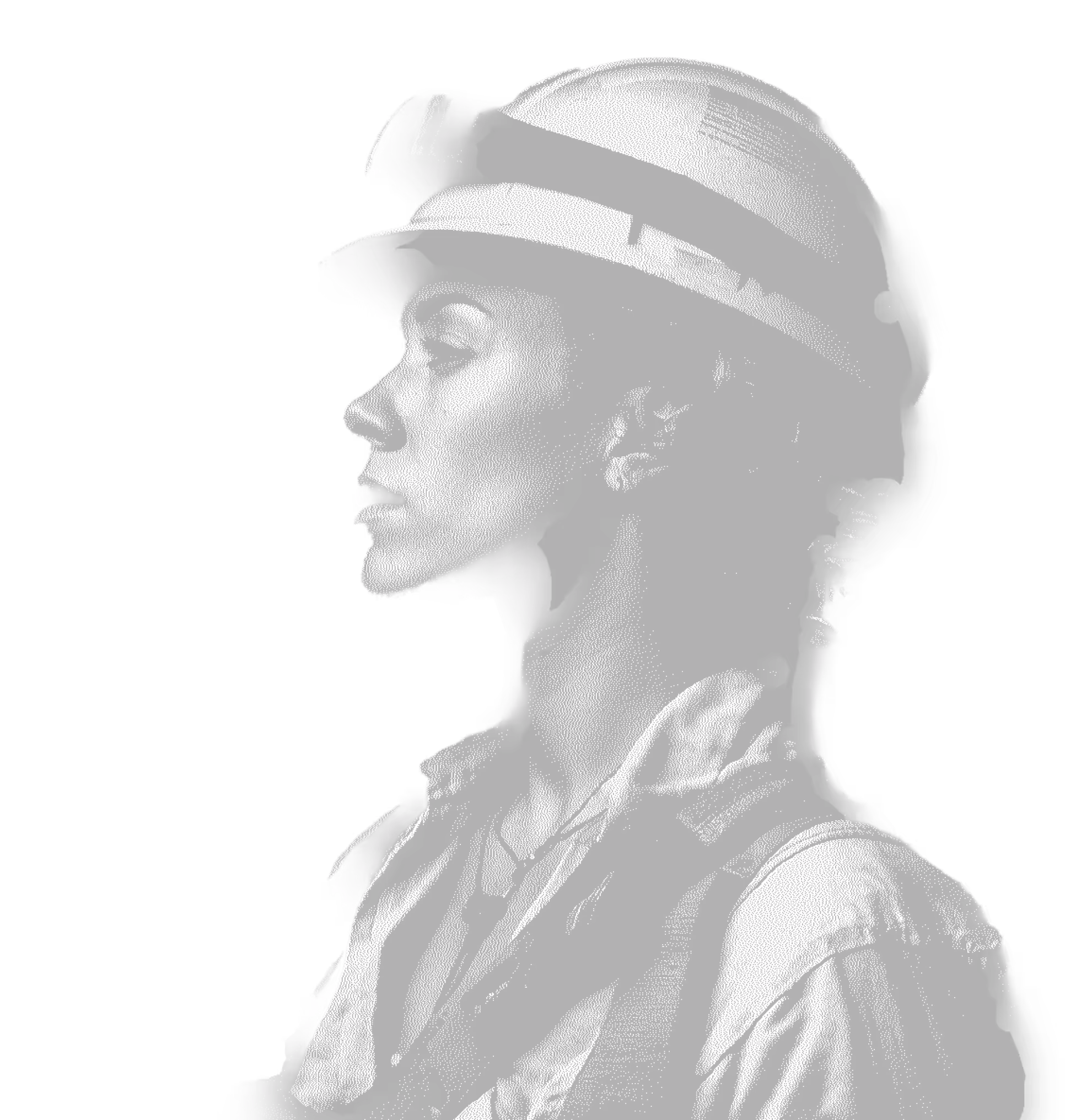 Profile of a female construction worker wearing a hard hat and safety vest against a black background.