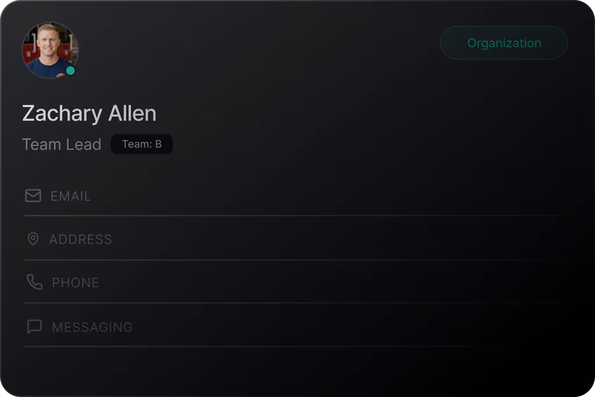 Profile card of Zachary Allen, Team Lead of Team B, showing placeholder fields for email, address, phone, and messaging.