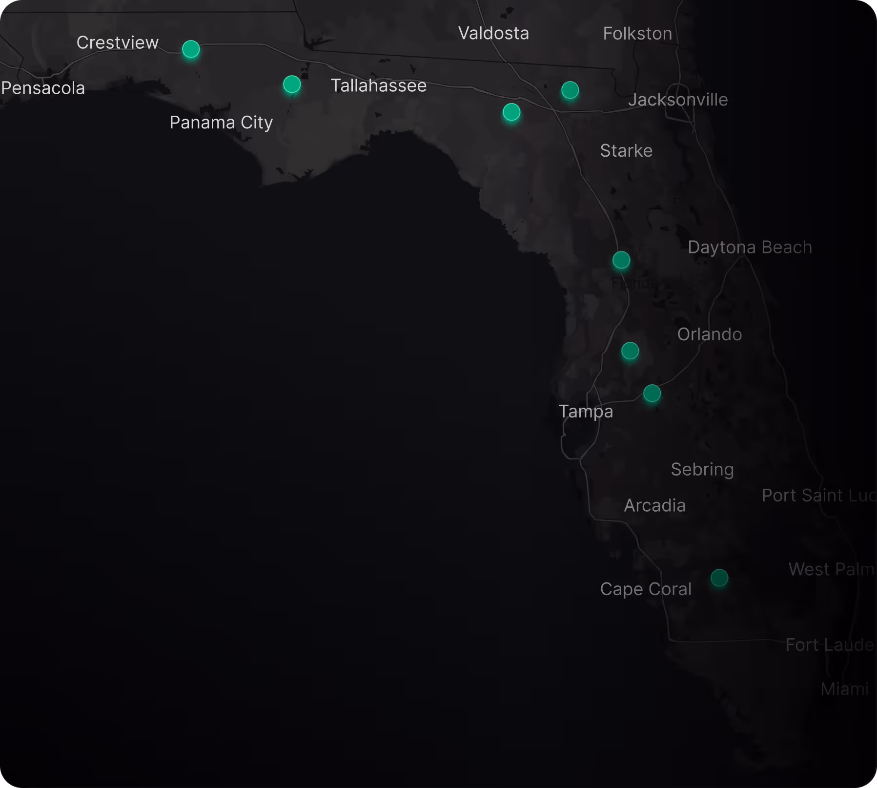 Map highlighting several cities in Florida with green dots, including Crestview, Panama City, Tallahassee, Valdosta, Folkston, Jacksonville, Tampa, and Cape Coral.