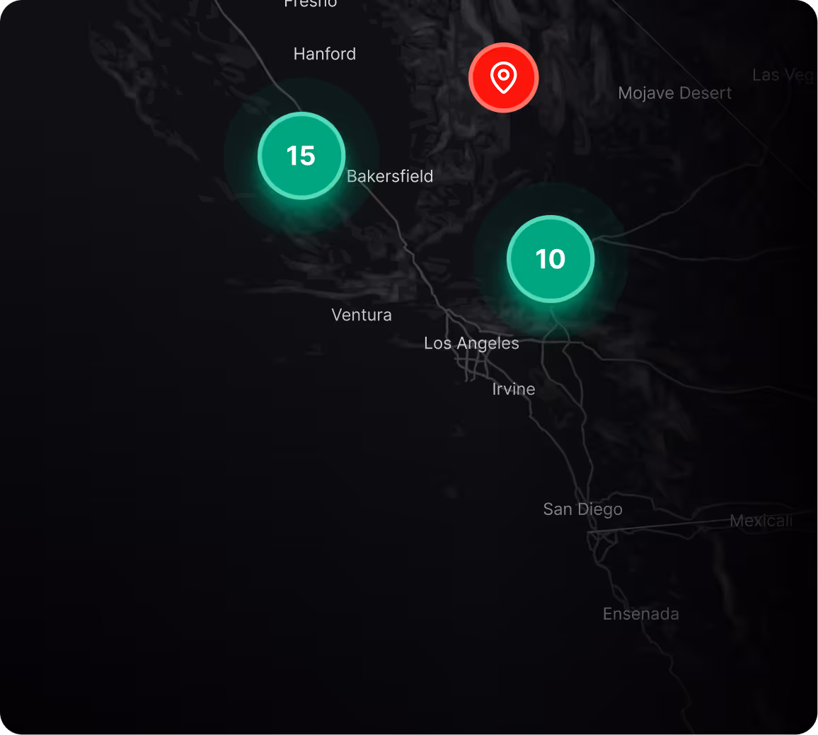 Map showing Southern California with markers for Bakersfield (15) and Los Angeles (4), plus yellow and red location pins near Mojave Desert and southeast of Irvine respectively.