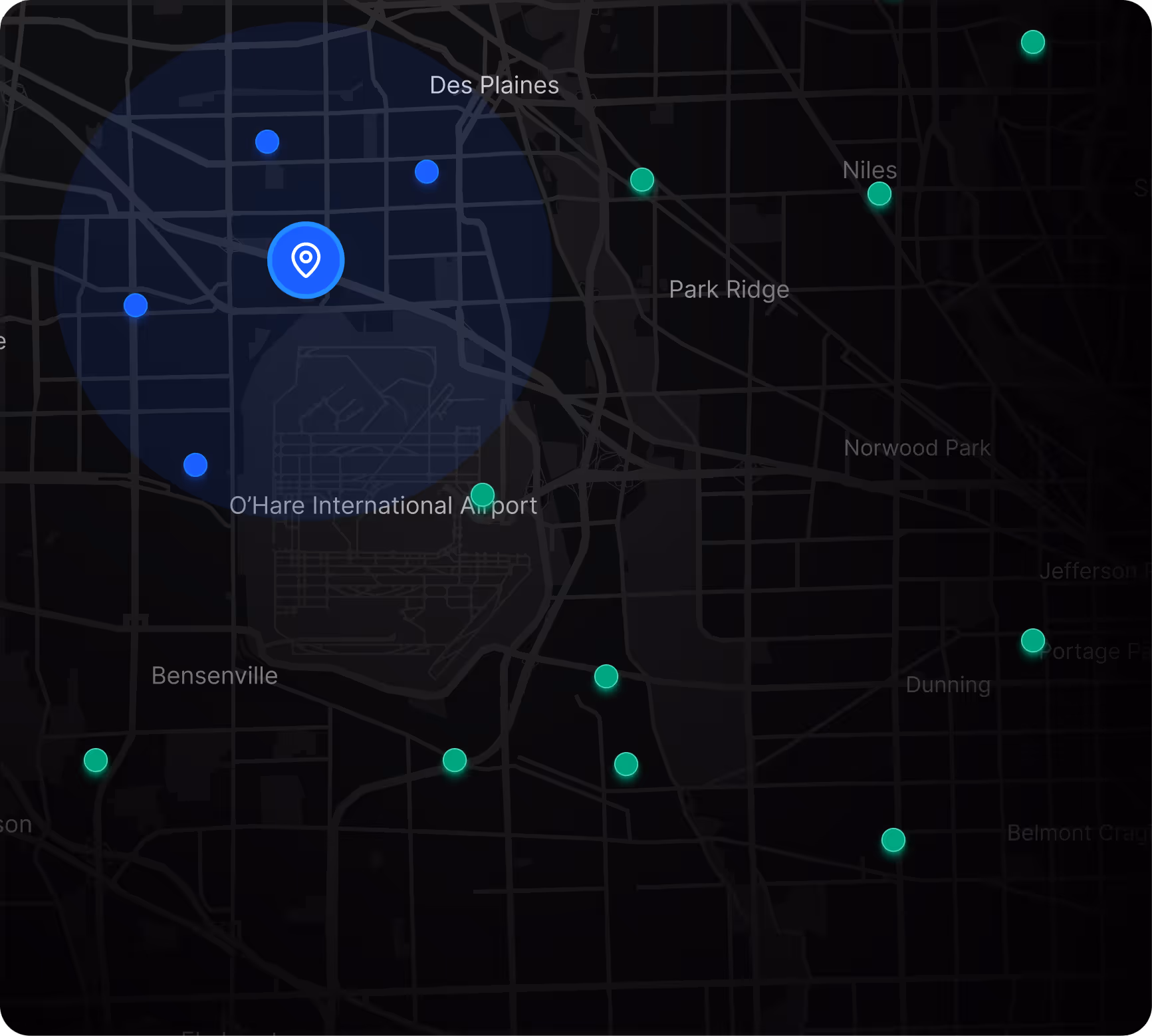 Dark map highlighting O'Hare International Airport area with blue and green location markers around Des Plaines, Park Ridge, and nearby towns.
