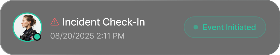 Profile of a female security officer next to alert icon and text reading 'Incident Check-In' with date 08/20/2025 2:11 PM and a green status badge labeled 'Event Initiated'.