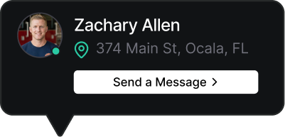 User card showing Zachary Allen, location at 374 Main St, Ocala, FL, and a 'Send a Message' button.
