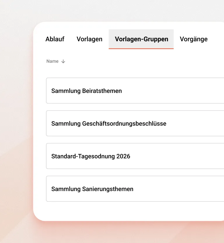 Benutzeroberfläche mit Reitern Ablauf, Vorlagen, Vorlagen-Gruppen und Vorgänge; Vorlage-Gruppen Liste mit vier Sammlungen.
