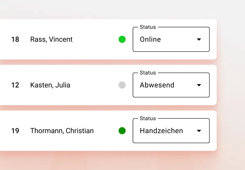 Teilnehmerliste zeigt Vincent Rass online, Julia Kasten abwesend, Christian Thormann mit Handzeichen.