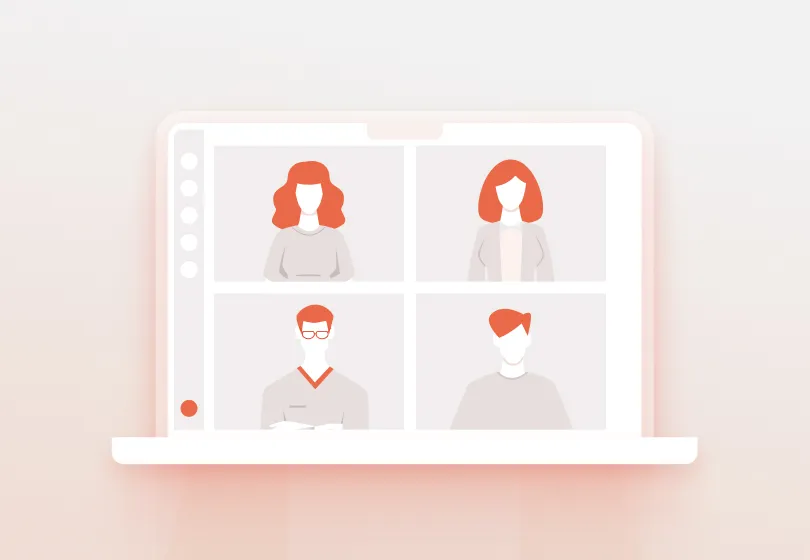 Illustration einer Videokonferenz mit vier Personen auf dem Bildschirm eines Laptops.