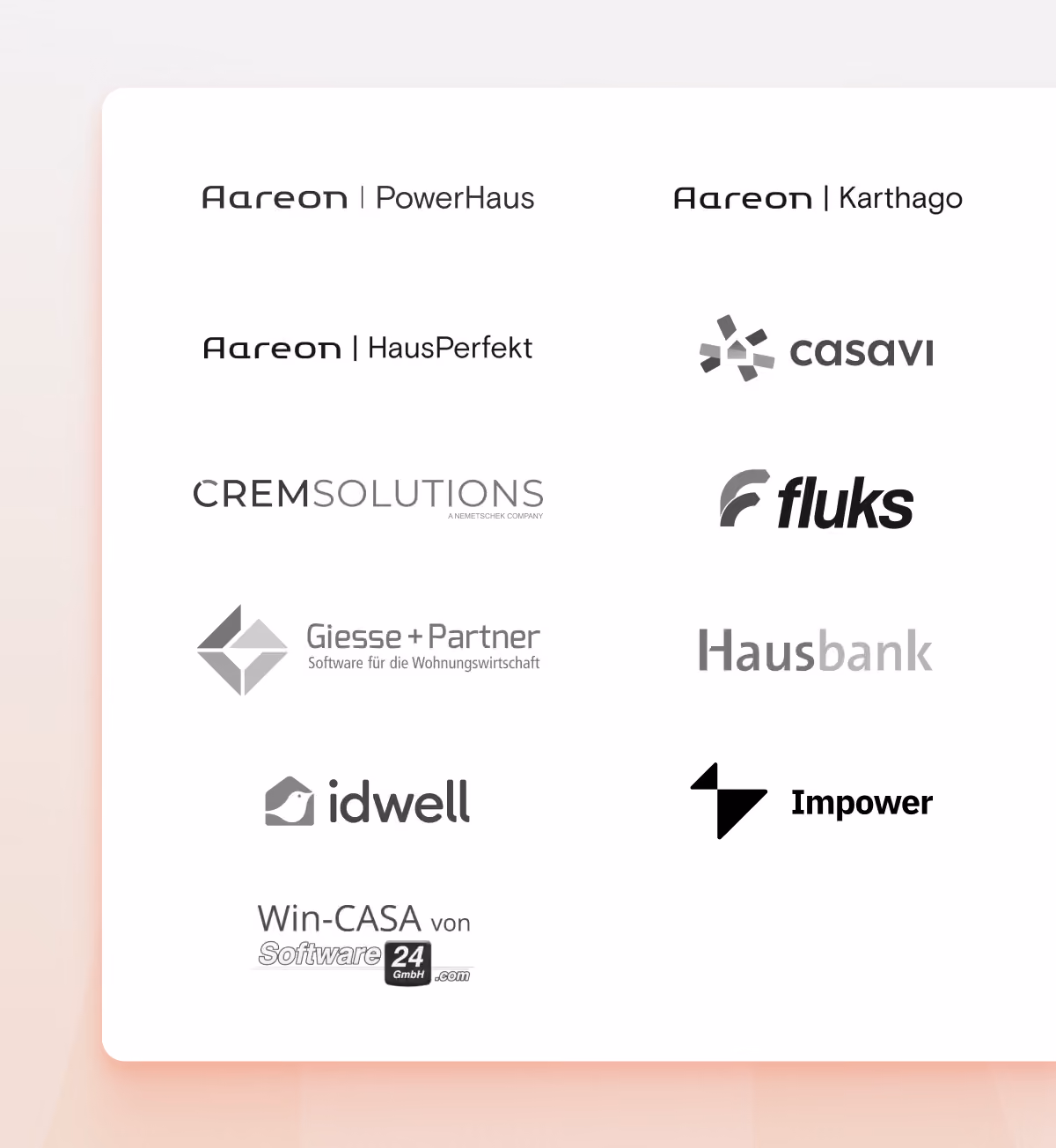 Schnittstelle Aareon PowerHaus, Aareon Karthago, Aareon HausPerfekt, casavi, Crem Solutions, fluks Domus, Giesse + Partner, HausBank, Impower, Win-CASA