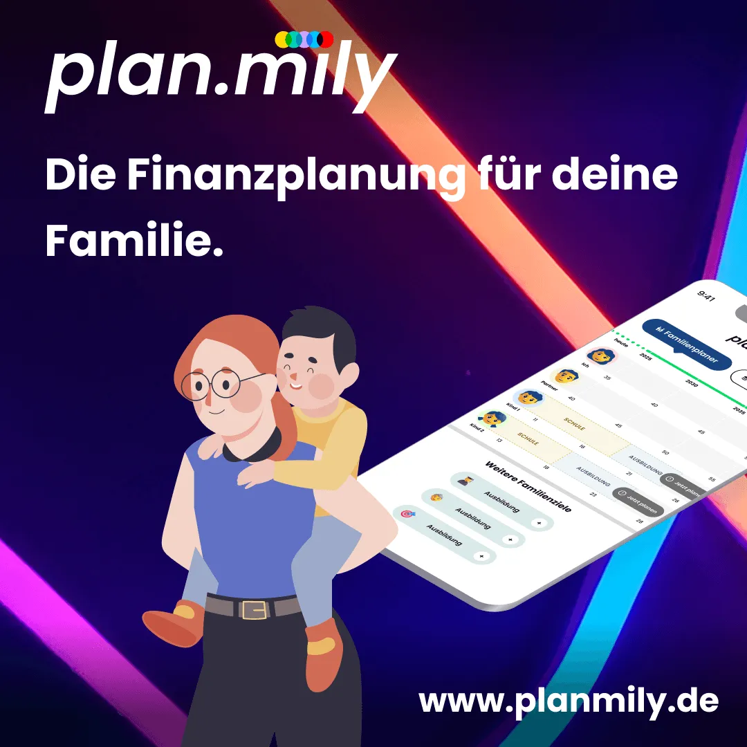 Illustration einer Frau mit Kind auf dem Rücken und Smartphone mit Finanzplanungs-App im Hintergrund.