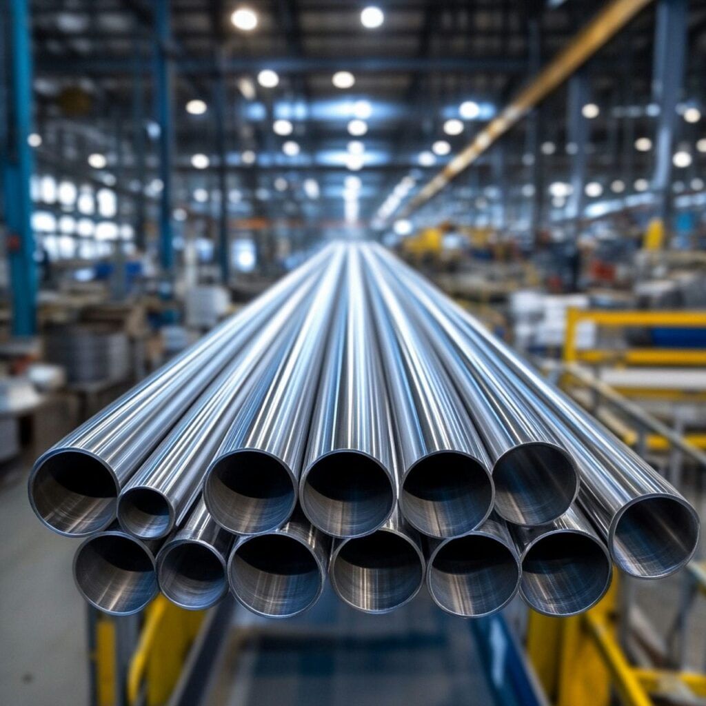 Stack of shiny metal pipes arranged in a warehouse with industrial lighting.