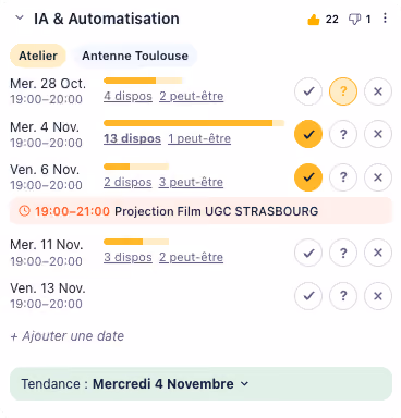 AppScreen of Skillteplait smart poll feature to find the best date before creating the event