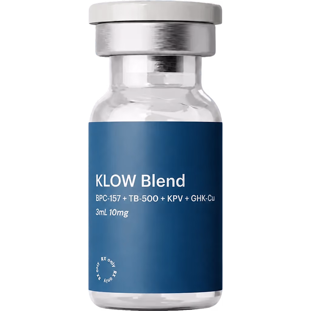 Small vial labeled KLOW Blend with ingredients and dosage details on a blue label.