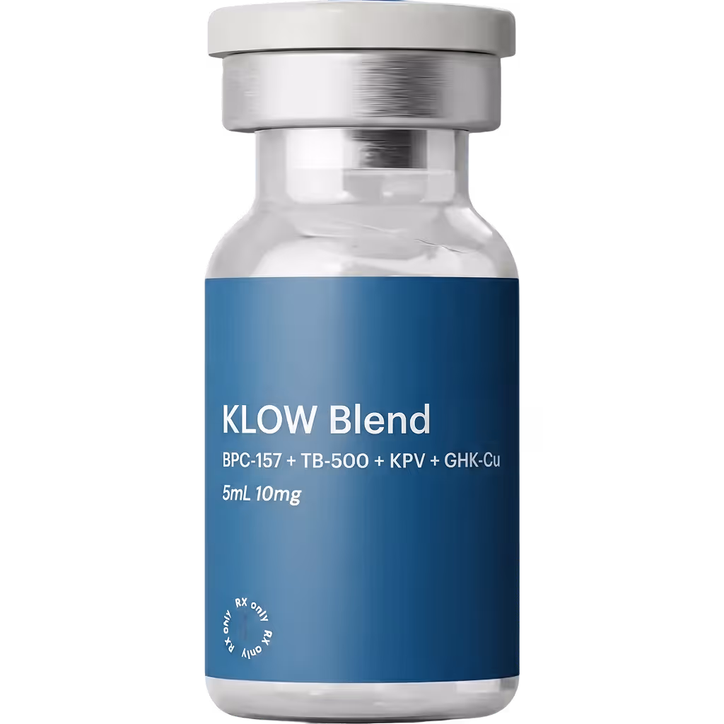 Small vial labeled KLOW Blend with ingredients and dosage details on a blue label.
