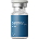 Small blue and white vial with a label containing text and symbols.