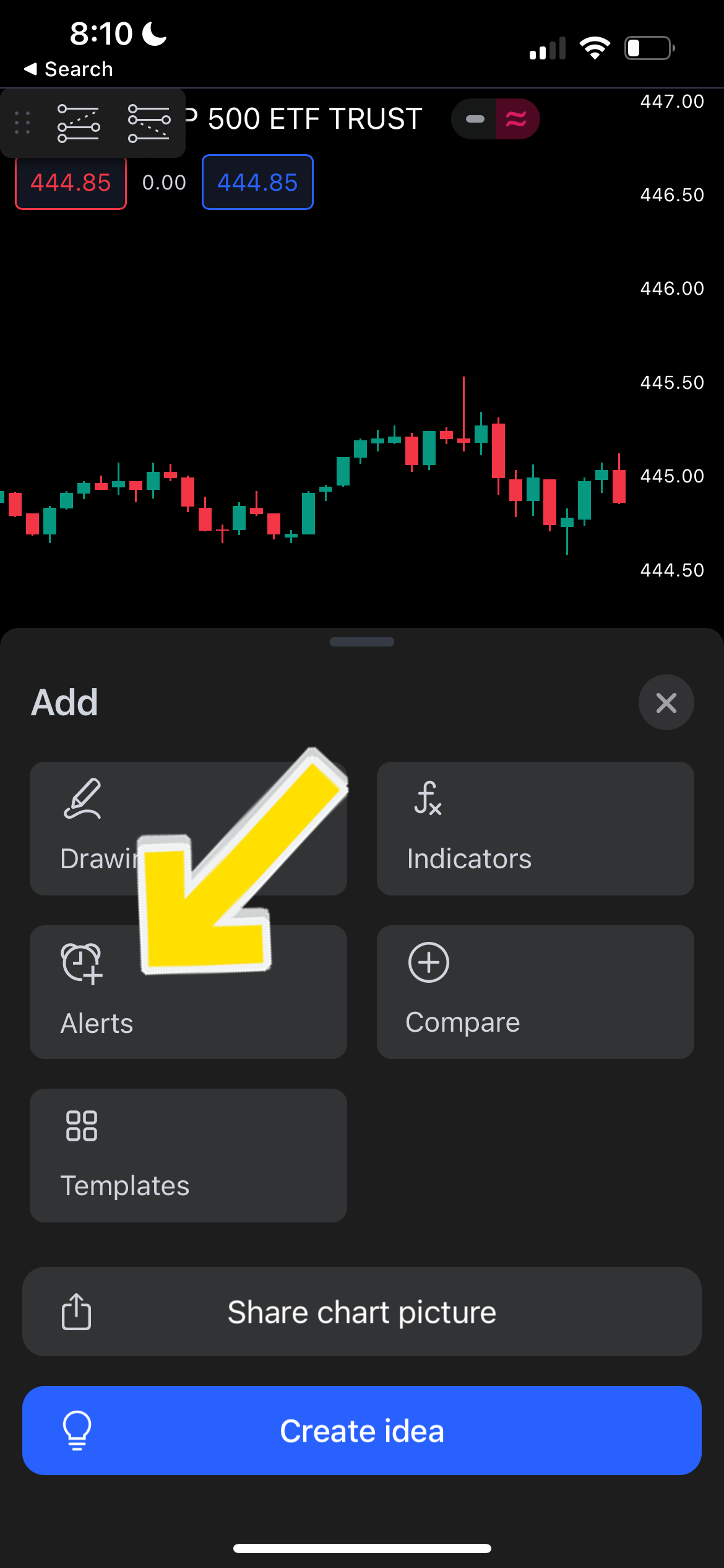 TradingView Mobile Alert Settings Button location