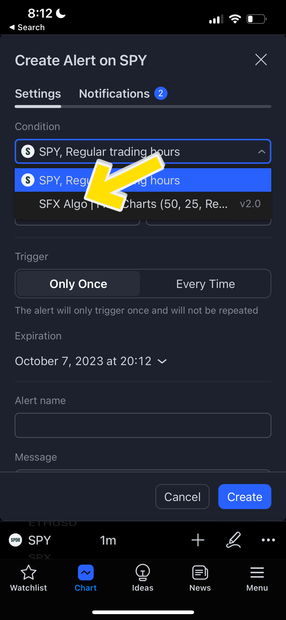 TradingView mobile condition tab