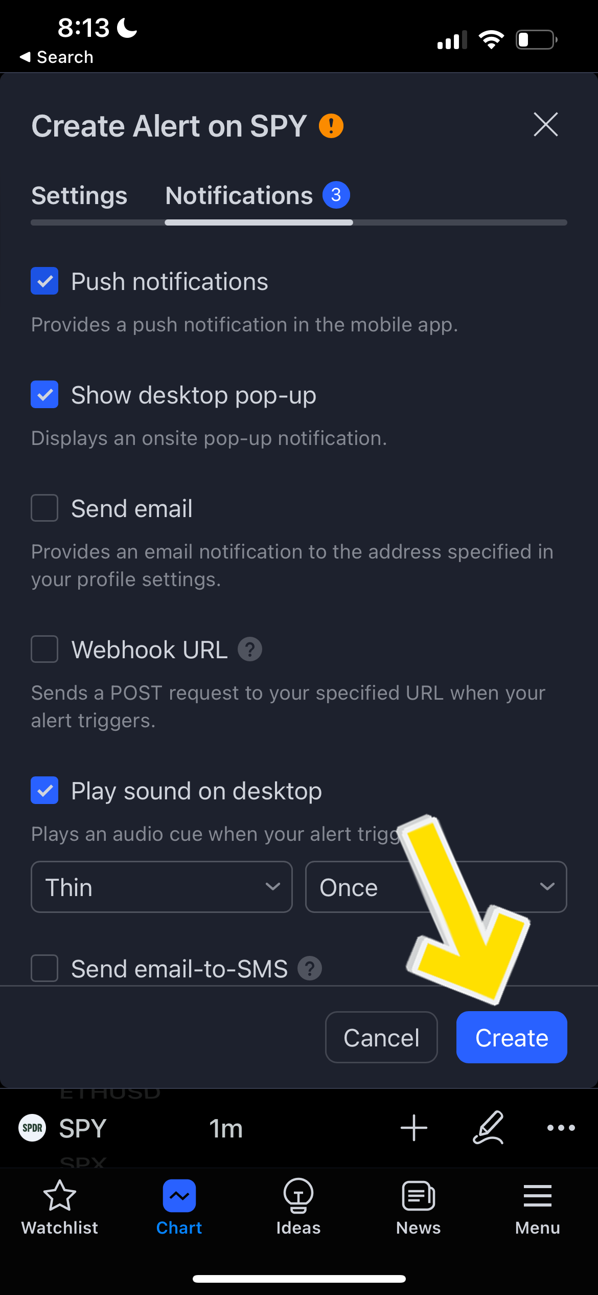TradingView Mobile create alert
