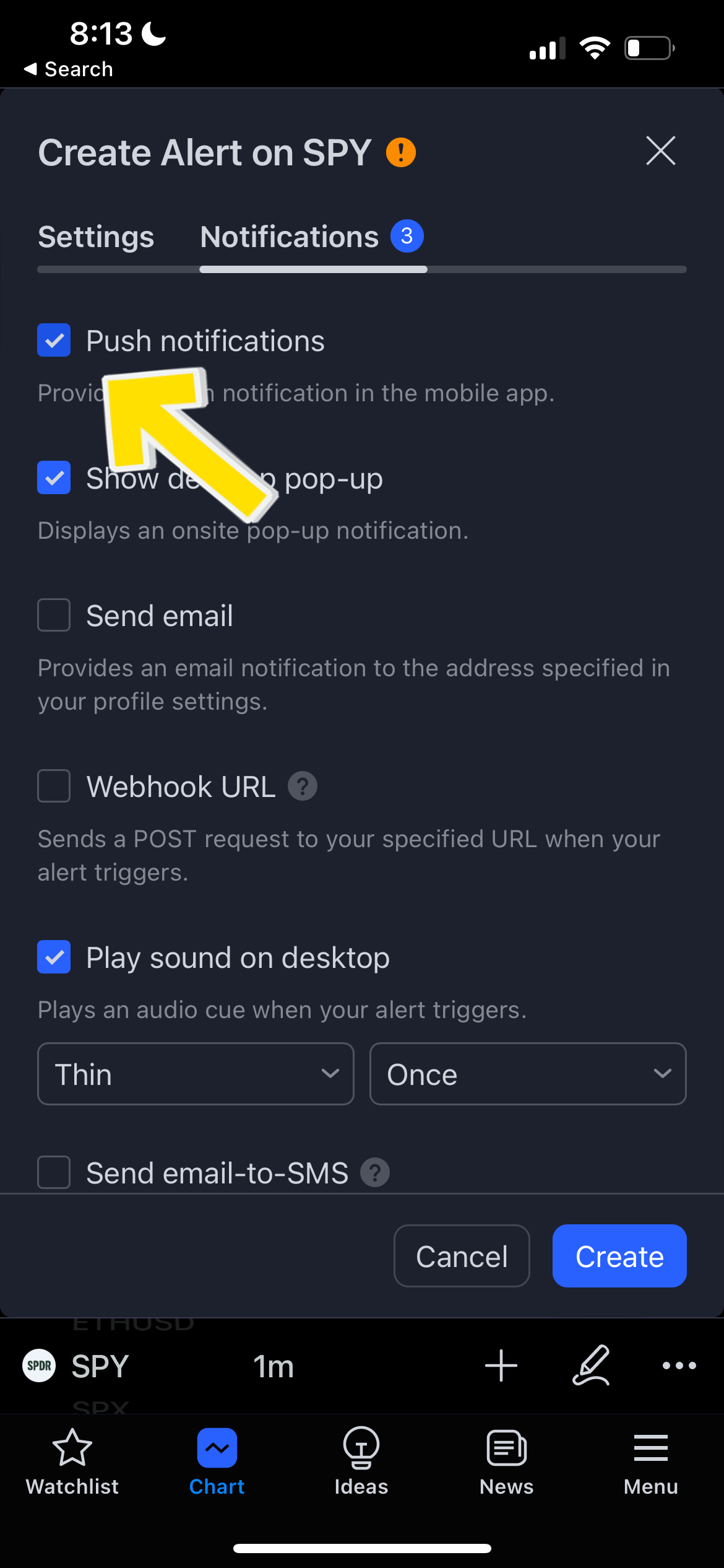 TradingView Mobile push notifications