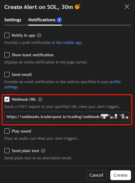 Creating webhook URL alert for S&D Backtester