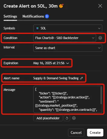 Create TradingView alert for S&D Backtester
