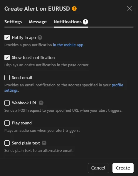 Choosing how you'd like to be notified by TradingView when there's an alert from the SFX Algo Toolkit