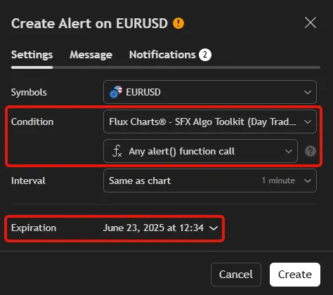 Selecting the SFX Algo Toolkit as the condition for creating an alert and then selecting the Any Alert() function call. Selecting an expiration date for the alert.