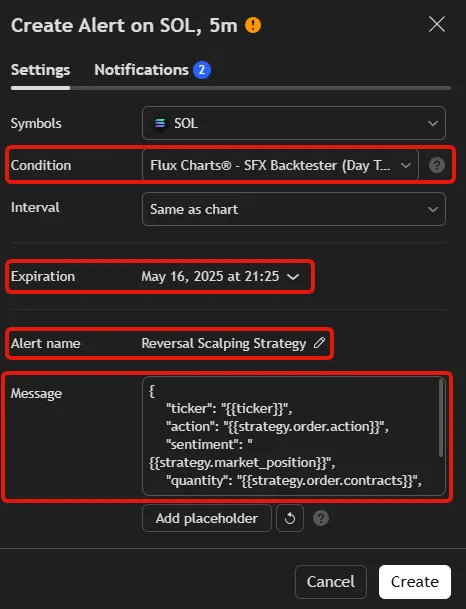 Create TradingView alert for SFX Backtester