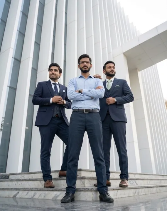 Three confident businessmen standing on marble steps outside a modern office building.
