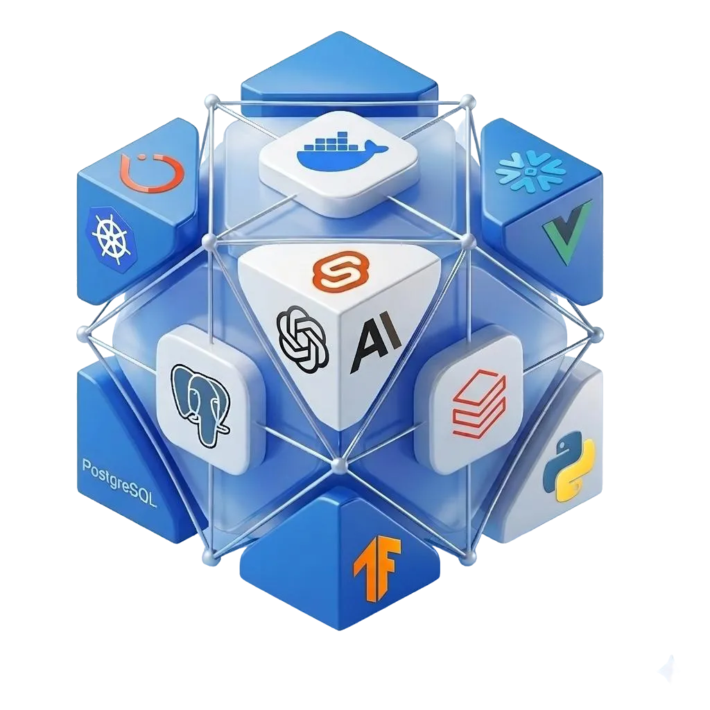 AI and cloud technology stack featuring Docker, Kubernetes, PostgreSQL, Snowflake, Python, and OpenAI