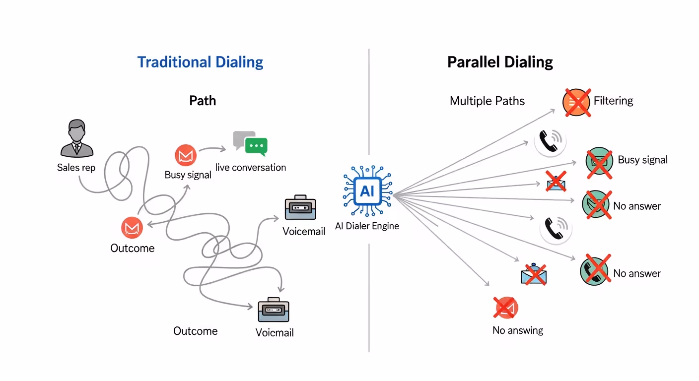 Parallel dialers filter out unproductive calls, connecting reps exclusively to live prospects to maximize productive conversation time.