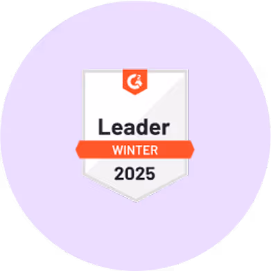 G2 Leader Winter 2025 badge with red and white design on a light purple circular background.