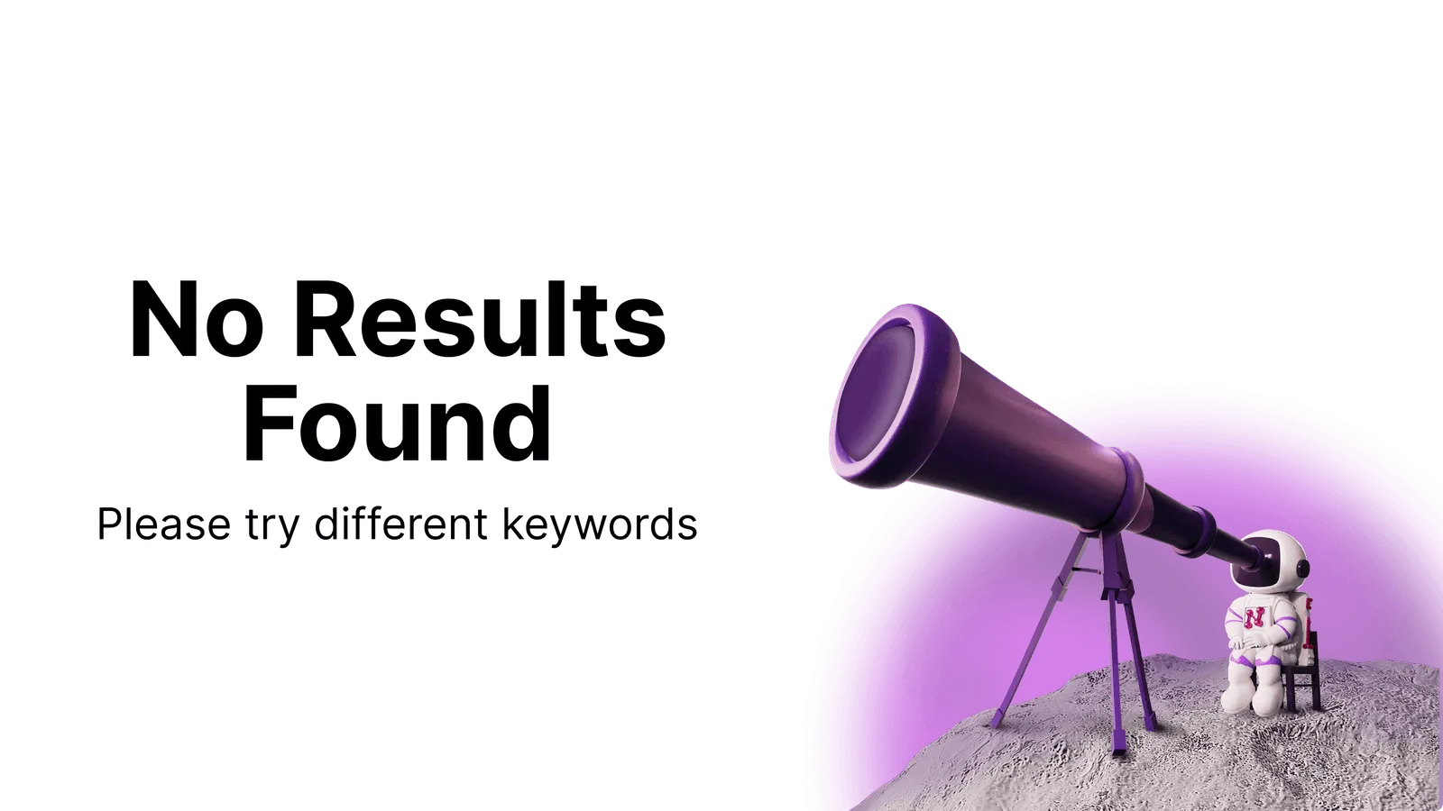 3D astronaut sitting on a chair on a rocky surface looking through a large purple telescope with text saying No Results Found.