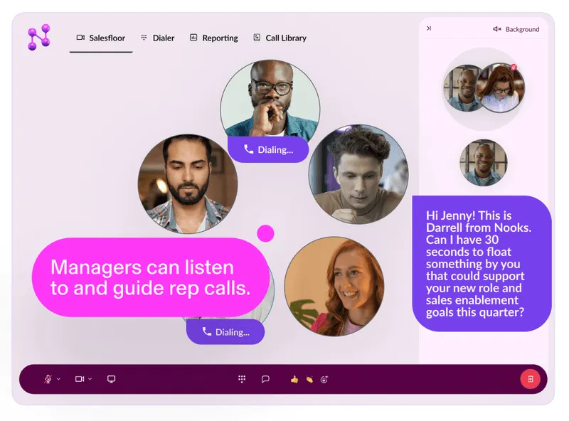 Video call interface showing five participants in circular frames, two labeled 'Dialing...'; speech bubbles state 'Managers can listen to and guide rep calls' and 'Hi Jenny! This is Darrell from Nooks. Can I have 30 seconds to float something by you that could support your new role and sales enablement goals this quarter?'