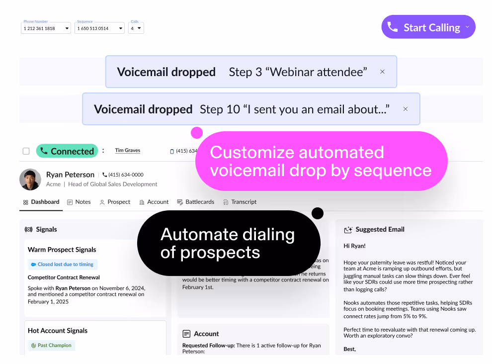 User interface screen showing a calling system with phone number and sequence selection, connected prospect Ryan Peterson, voicemail drop steps, and speech bubbles highlighting automated voicemail drop customization and prospect dialing automation.