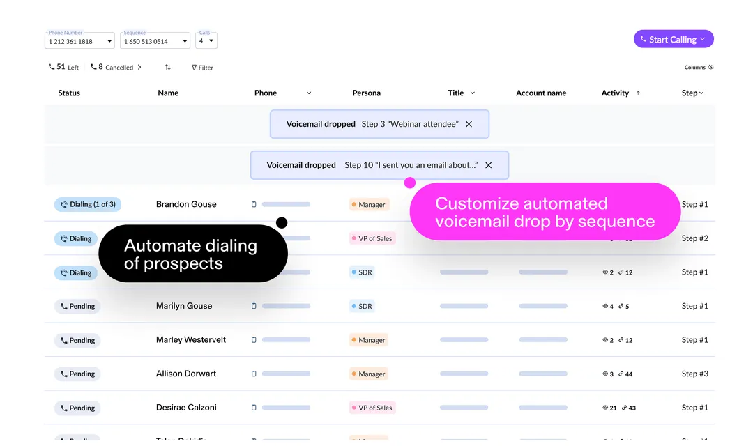 User interface showing a call management dashboard with phone numbers, call sequences, call statuses, persona labels, and options to automate dialing and customize voicemail drops.