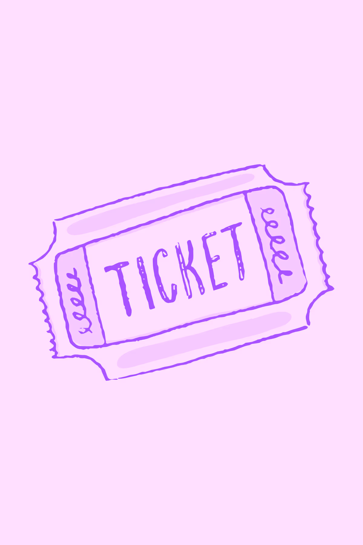 Purple illustrated ticket with the word 'TICKET' on a light pink background.