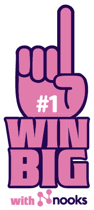 Illustration of a raised foam finger with '#1' on it above the text 'WIN BIG with Nooks'.