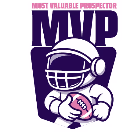 Cartoon football player holding a ball under the text 'MOST VALUABLE PROSPECTOR MVP' in purple and pink.