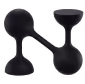 Black abstract 3D shape with interconnected round and funnel-like forms on a transparent background.