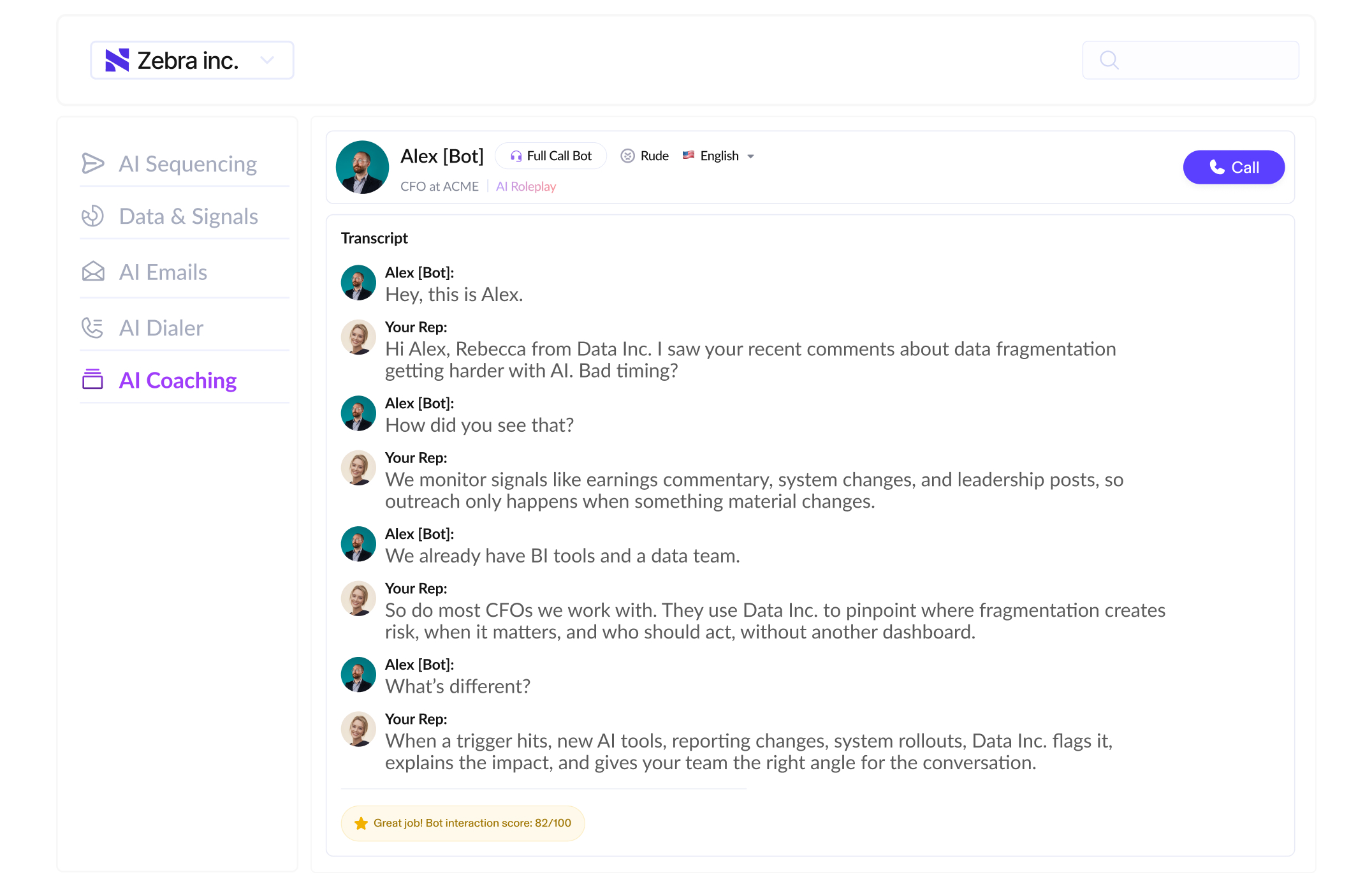 Chat transcript between AI bot Alex and rep Rebecca discussing data fragmentation and AI tools.