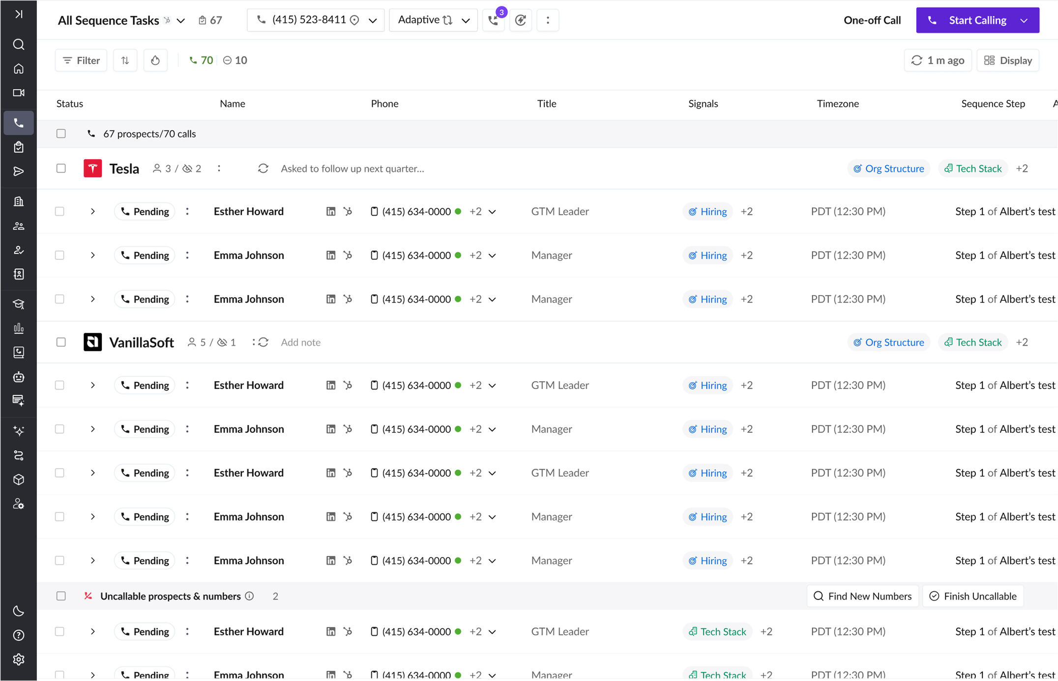 CRM interface showing sequence tasks with Tesla and VanillaSoft prospects, phone statuses, titles, and steps.