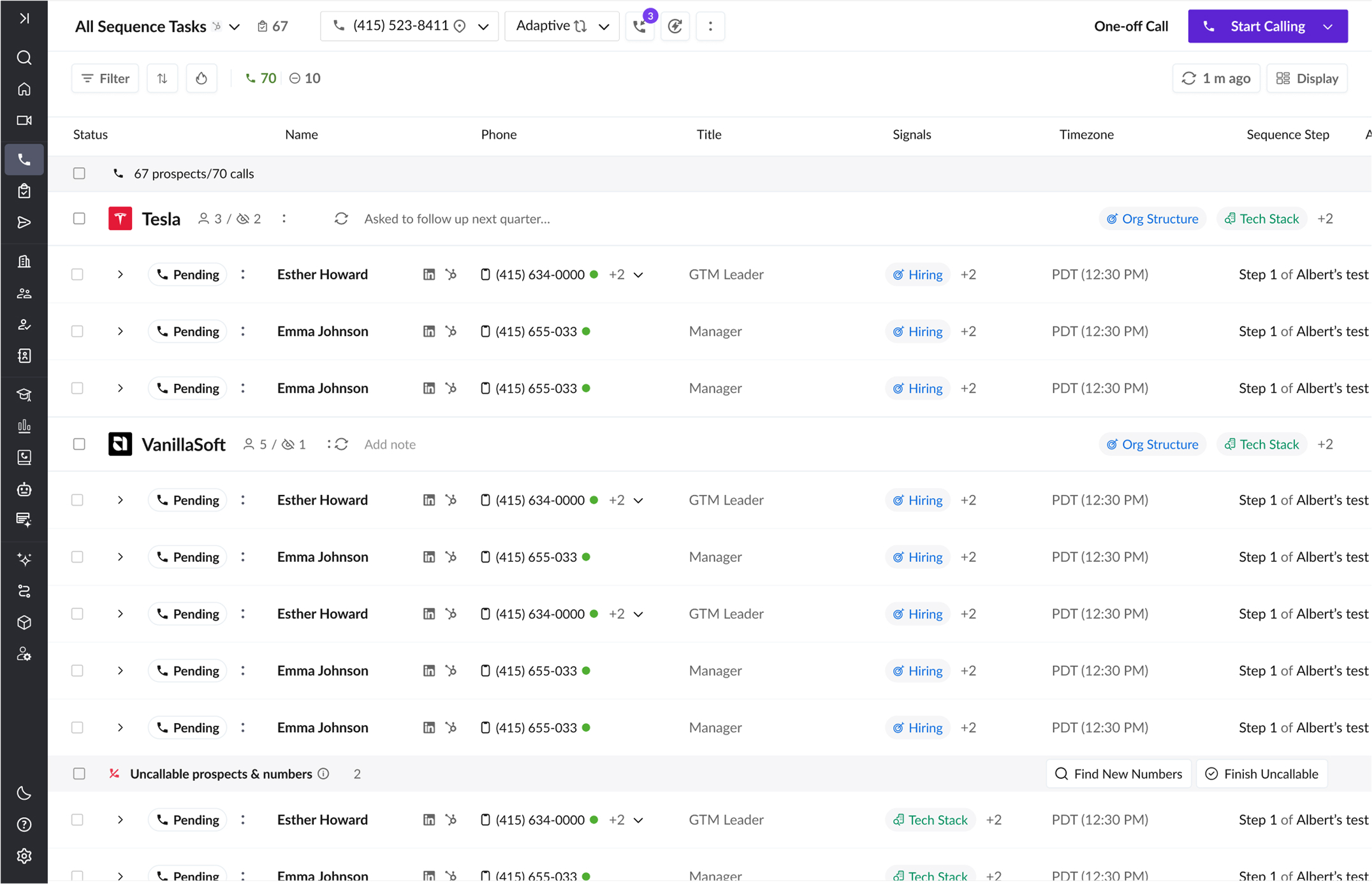 Dashboard showing sequence tasks with contacts, statuses, phone numbers, titles, and tech stack tags.