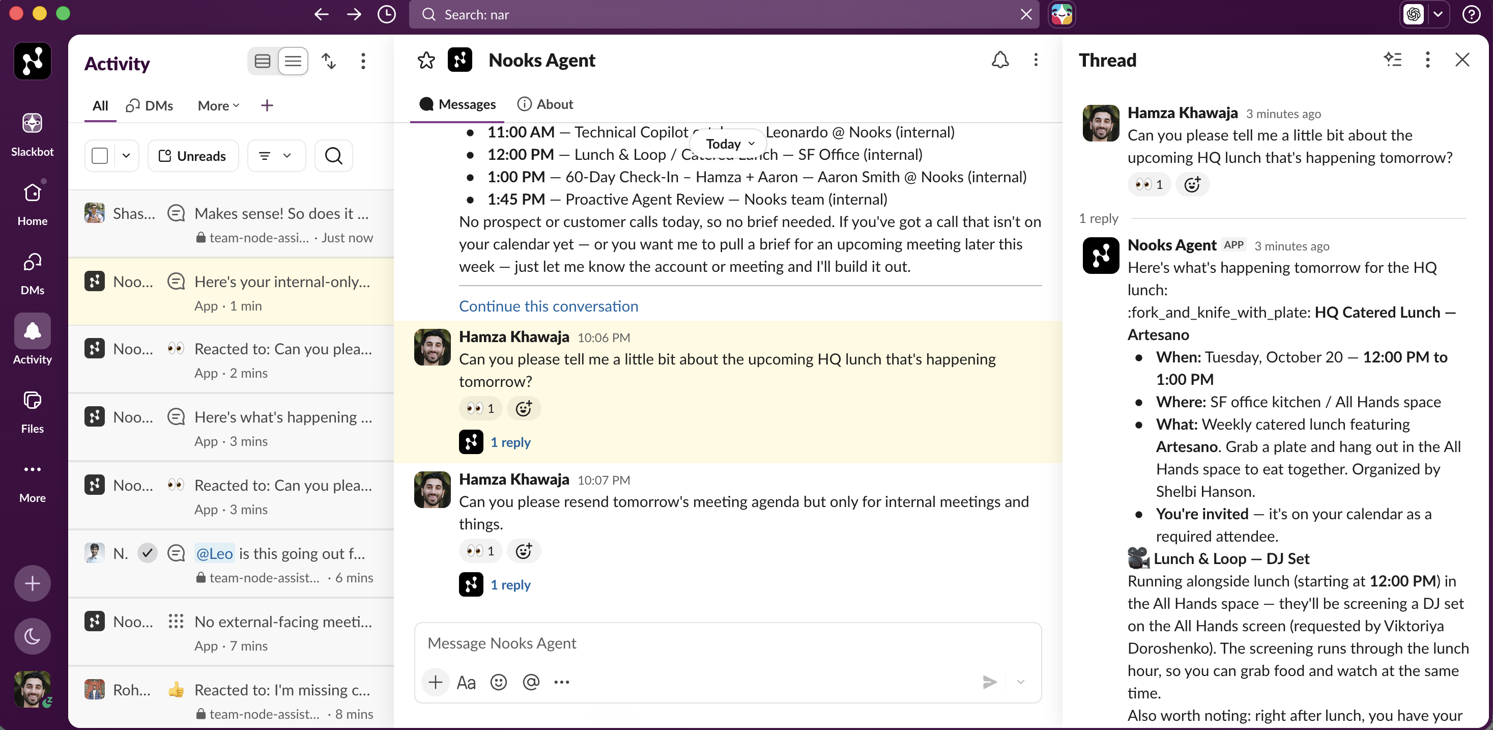 Nooks Agent in Slack, sharing an upcoming meeting agenda and answering a question in a thread.