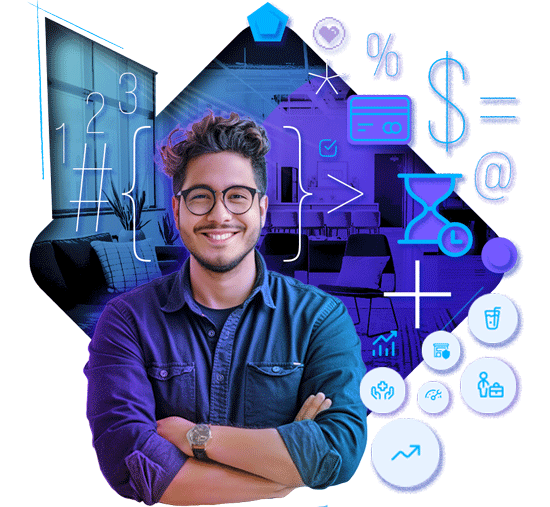 Smiling male small business owner with arms crossed, surrounded by financial and business icons, desktop hero banner