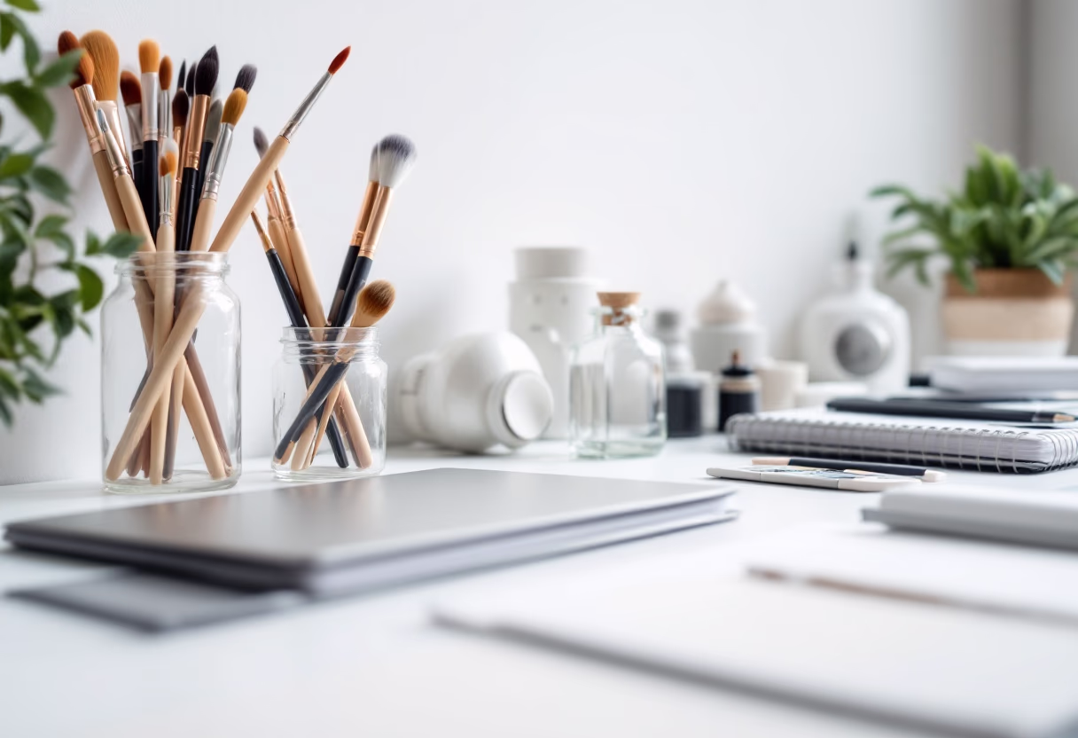 [background image] image of art supplies on a desk (for a graphic design studio)