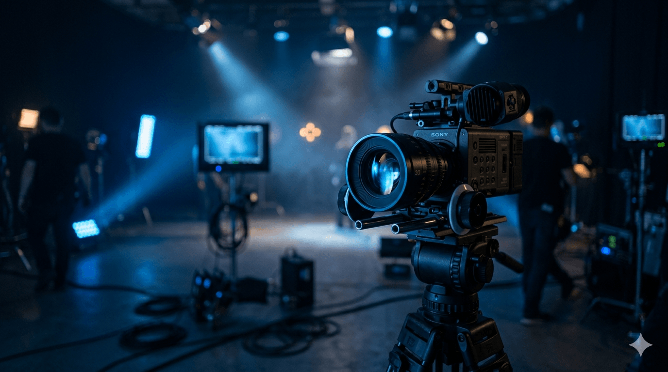 Set de producción audiovisual cinematográfica con cámara profesional e iluminación azul, representando contenido estratégico para marcas — AWKN Agency