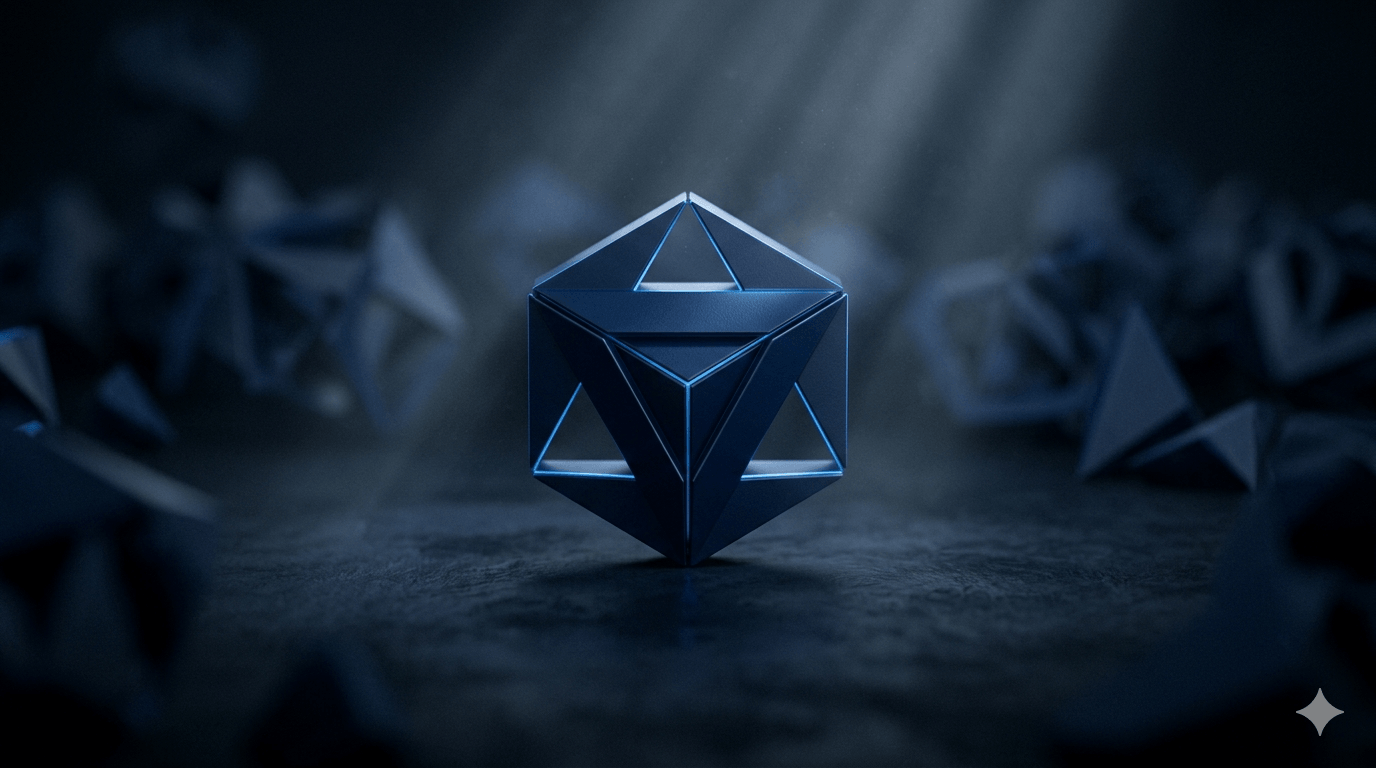 Emblema de marca sólido destacando entre formas difuminadas con iluminación azul, representando el posicionamiento de una marca profesional — AWKN Agency