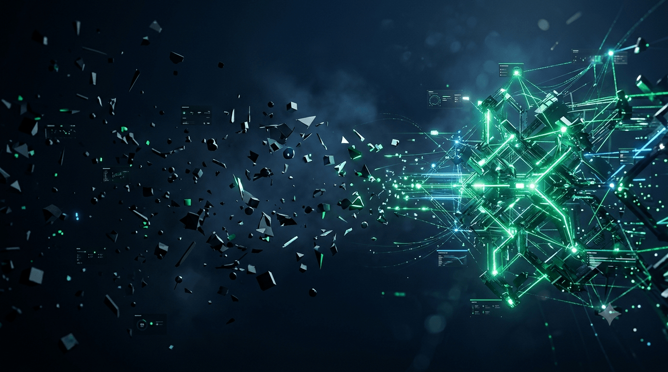 Elementos digitales dispersos alineándose en un sistema conectado con destellos verdes sobre fondo azul marino, representando una estrategia de marketing digital — AWKN Agency
