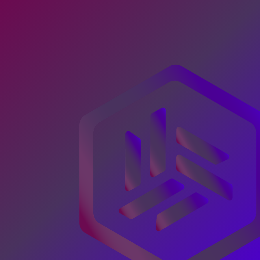 Purple and red gradient background with a partially visible hexagonal logo